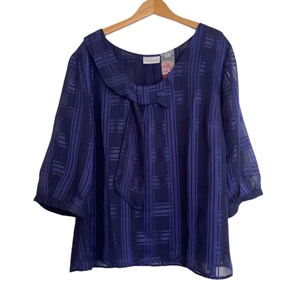 Avenue 22/24 BLOUSE Top Sheer Lined Blue Pullover Bow 3/4 Sleeve Pretty $45‎ NWT